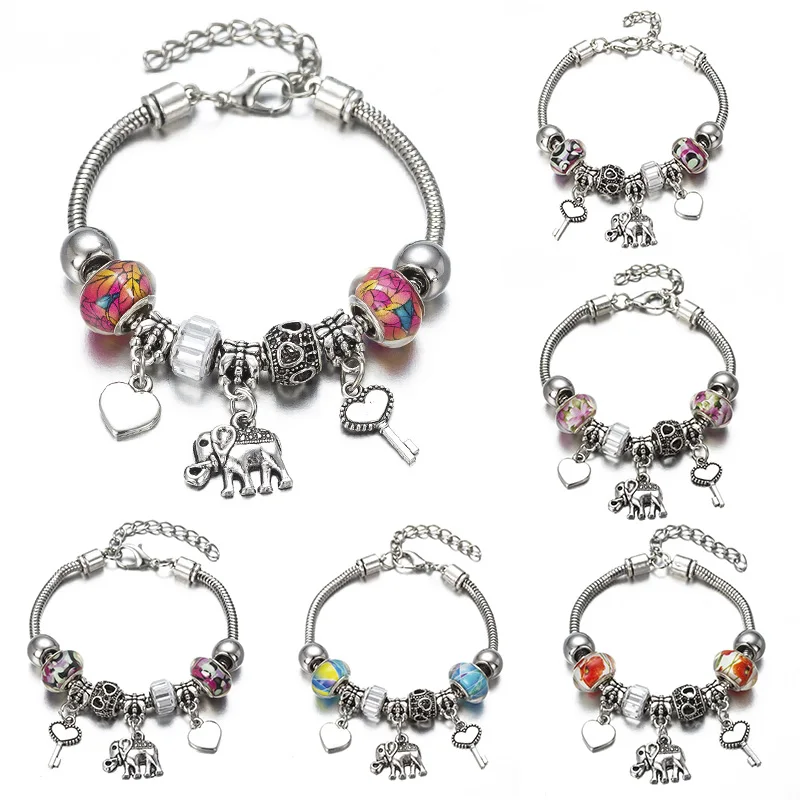 

DIY Charm Bracelet Romantic Love Key and Elephant and Life Tree Lock Crystal Bead Bracelet Women Jewelry Love Gift FF01