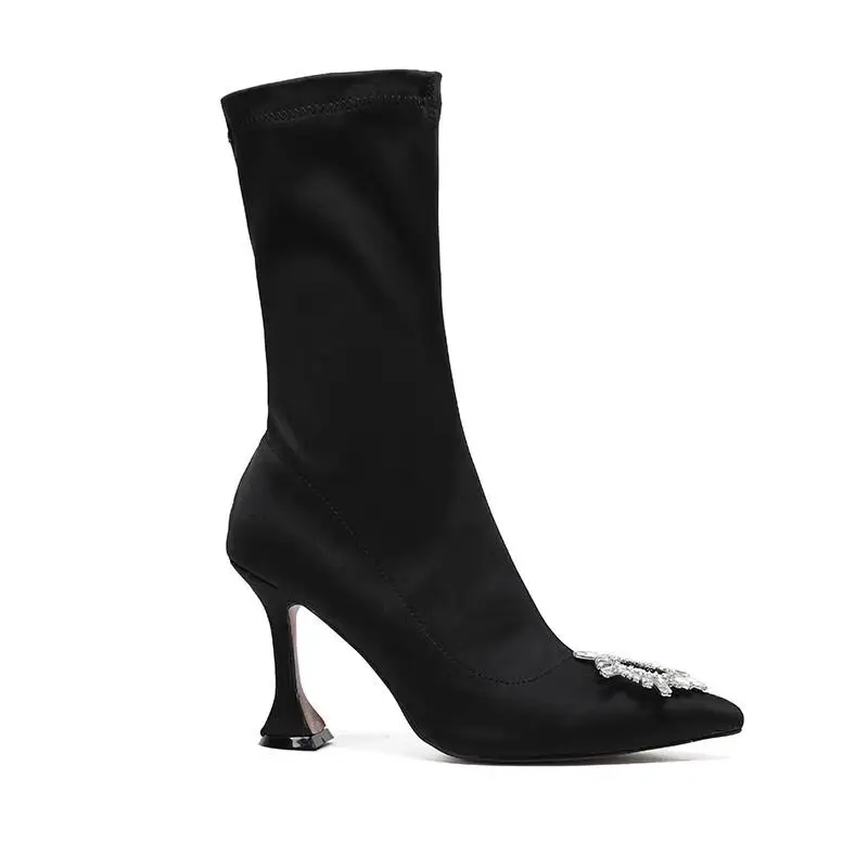 Brand Design Rhinestone Strange Heel Ankle Boots Women Winter Luxury Bling Crystal Boots Women Dress Shoes Woman Red Black