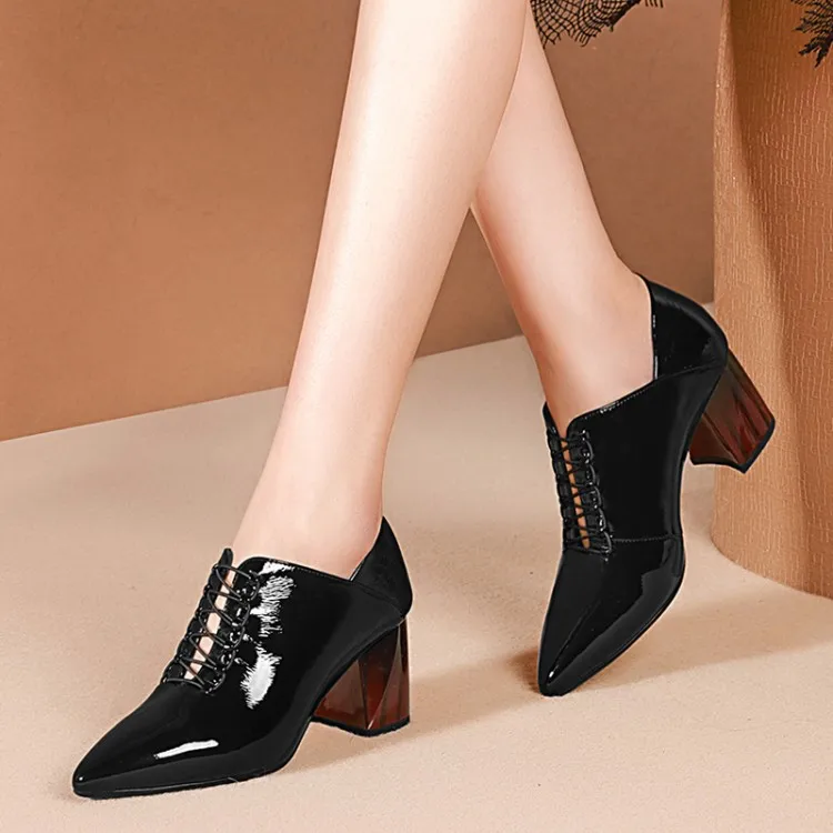 

2019 Luxury Genuine Patent Cow Leather Pumps Women Autumn Spring high Square Heels Ladies Office Leather Shoes size 42