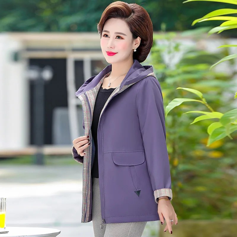 Женское пальто с капюшоном фиолетового и синего цвета; Верхняя одежда с капюшоном в клетку; Женская осенне-весенняя куртка для отдыха; большие размеры; одежда; новое поступление