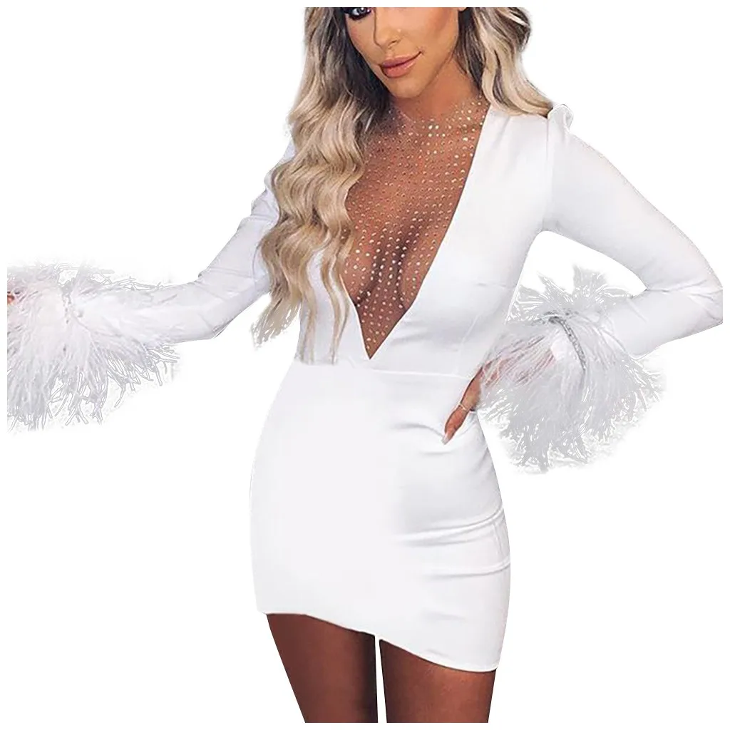Mujer vestido, женское однотонное сексуальное повседневное мини-платье с v-образным вырезом и длинным рукавом, в