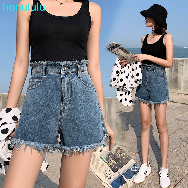 

Summer wear Korean version of loose student wide leg denim shorts mesh red high waist jeans women's flash hot pants