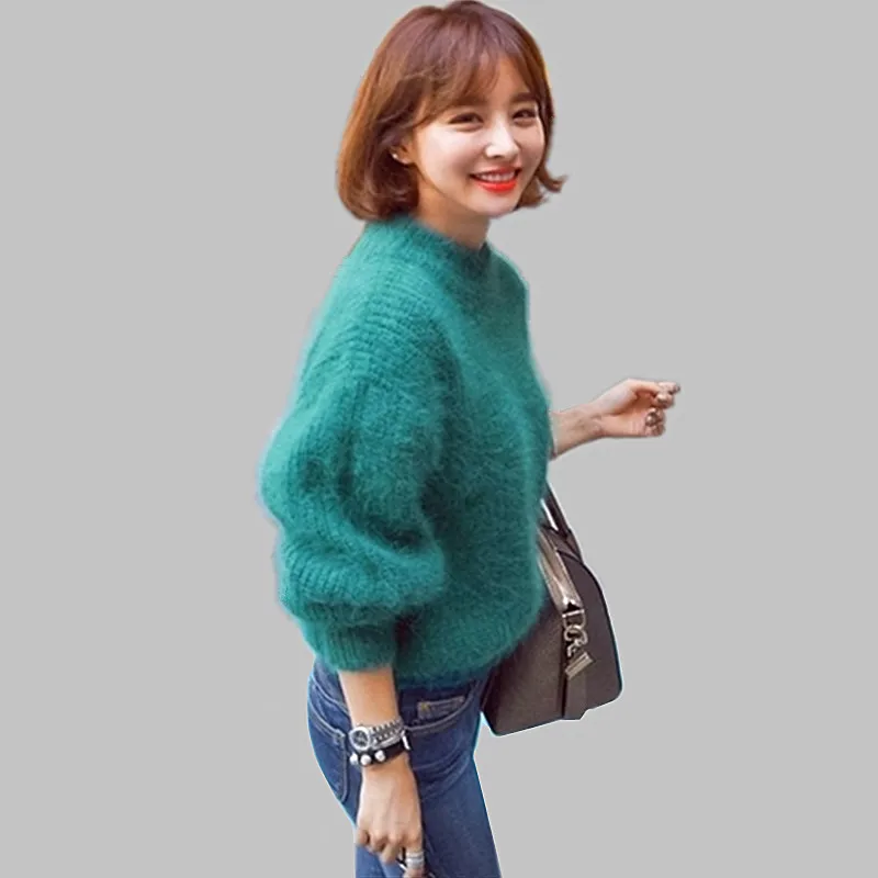 Autumn Winter Thick Warm Fluffy Sweater Women Fashion Half Turtleneck Lantern Sleeve Synthetic Mink Cashmere Sweaters Pullovers | Женская