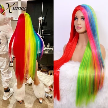 

XUMOO Cosplay Rainbow Color Stright Synthetic Wig Full Machine Made Wig High Temperature Fiber Synthetic Hair Wigs For Women