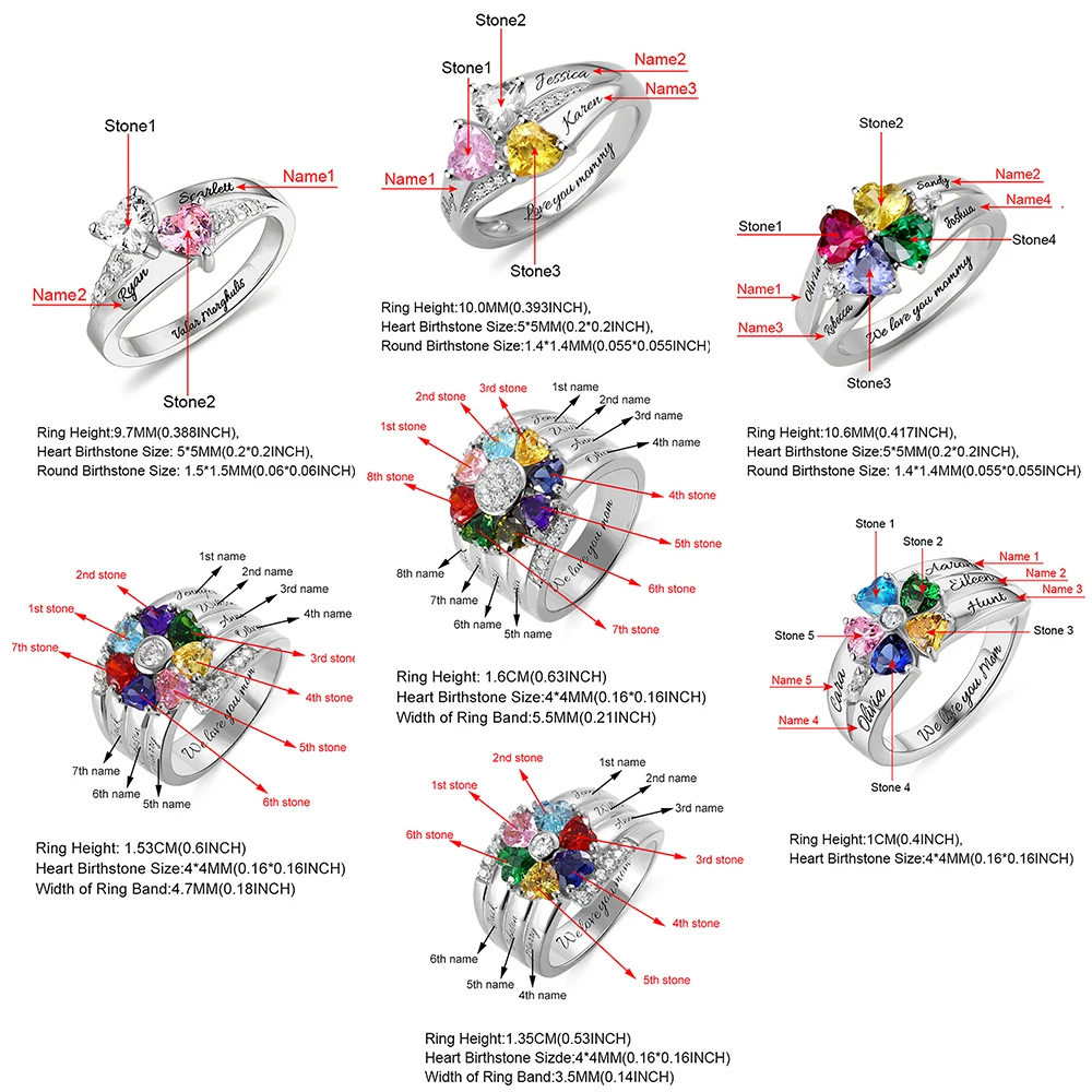 Sweey торговля персонализированное кольцо с гравировкой с 2-8 камнями в форме сердца Идеальный Рождественский подарок для ее семейного подарка