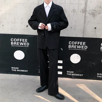 

Male Vintage Streetwear Hip Hop Loose Business Casual Suit Coat Blazer Straight Belt Pant Men 2PCS Suits Sets (jacket+pant)