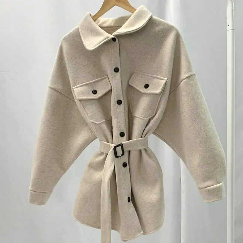 Осенние винтажные с отложным воротником однобортные женские пояса для верхней одежды Твердые свободные повседневные полушерстяные пальто