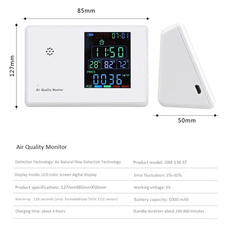 Цифровой детектор формальдегида HCHO/TVOC/CO2/PM2.5/PM10/Temp/Humi тестер AQI монитор качества воздуха анализатор газа