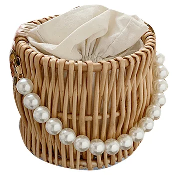 

New Summer Straw Shoulder Bag Seaside Holiday Pearl Handle Bucket Bag Crossbody Rattan Bag