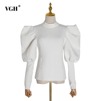 

VGH Elegant White Sweatshirt For Women O Neck Puff Long Sleeve Casual Slim Sweatshirts Female 2020 Autumn Fashion New Clothing