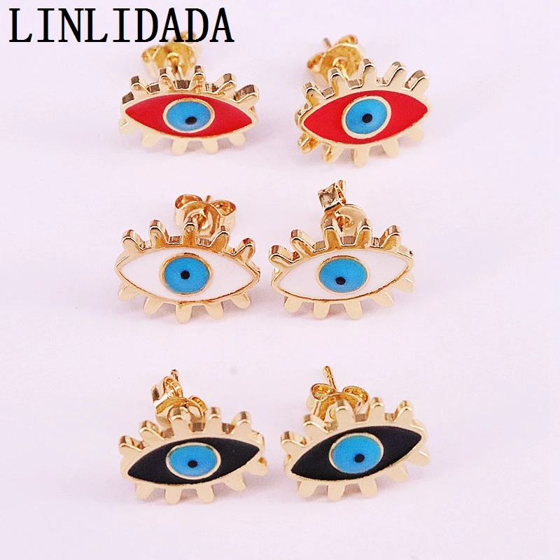 

12Pairs unique design enamel eye shape golden color stud earring