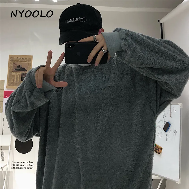 NYOOLO осенне-зимняя уличная одежда с вышитыми буквами, одноцветная флисовая толстовка с капюшоном, винтажные свободные пуловеры с круглым вырезом, теплая Толстовка для женщин и мужчин