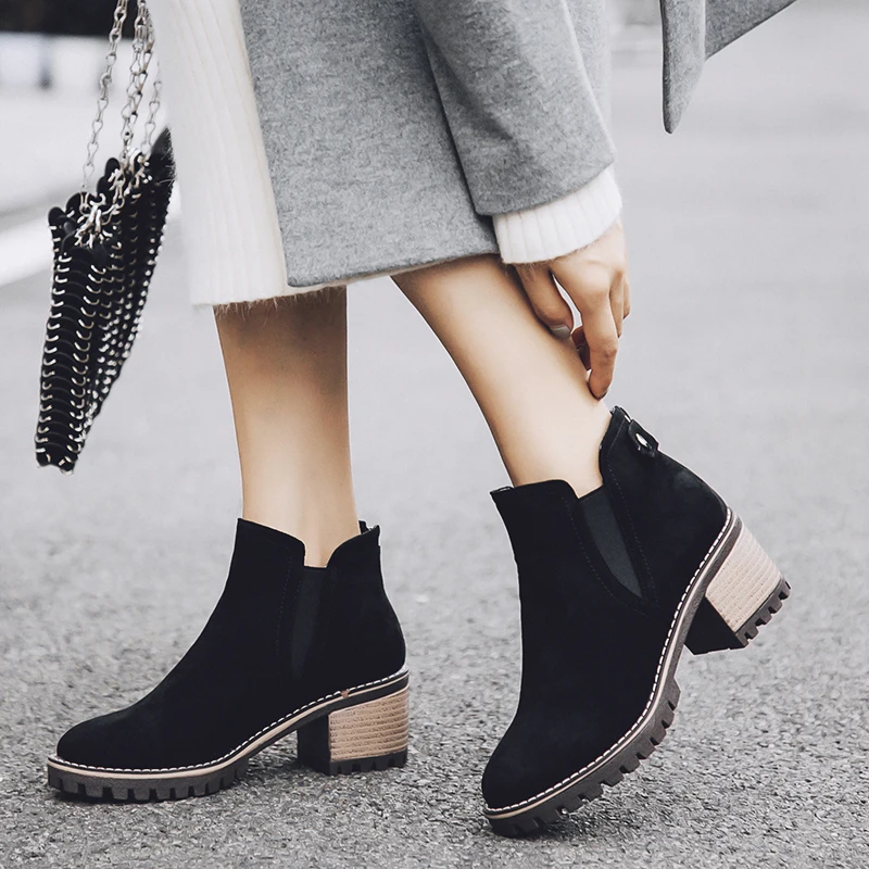 Boots Women Solid Western Ankle Boots Cowboy Short Boots Faux Suede Chunky heels Winter Booties Woman Martin Boots size 43