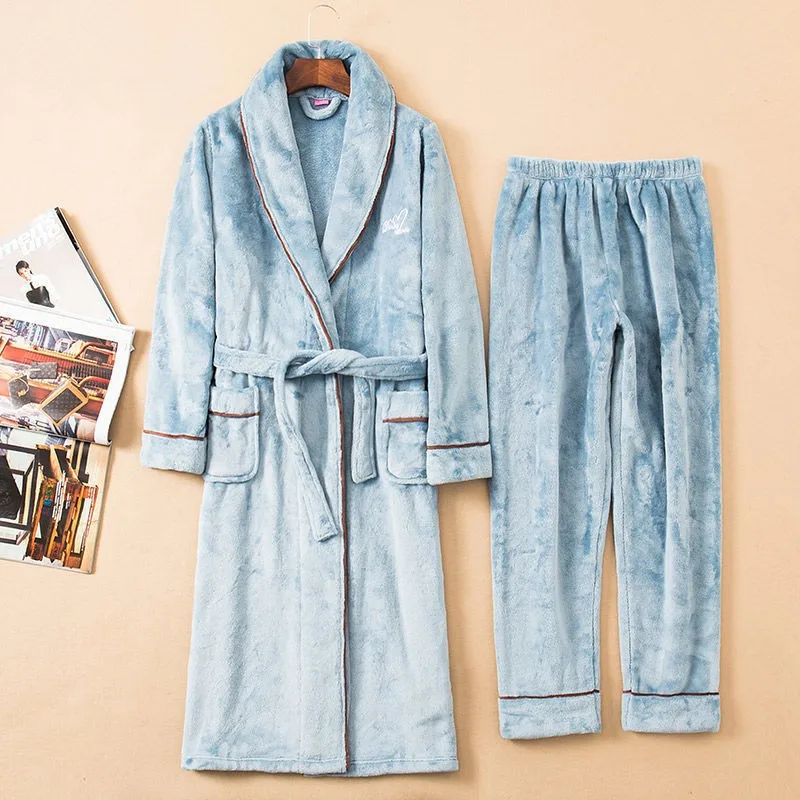 Winter Thicken Pajamas Set Women Robe Flannel Sleepwear 2PCS Robe&Pajamas Suit Lovers Kimono Gown Coral Fleece Warm Home Clothes