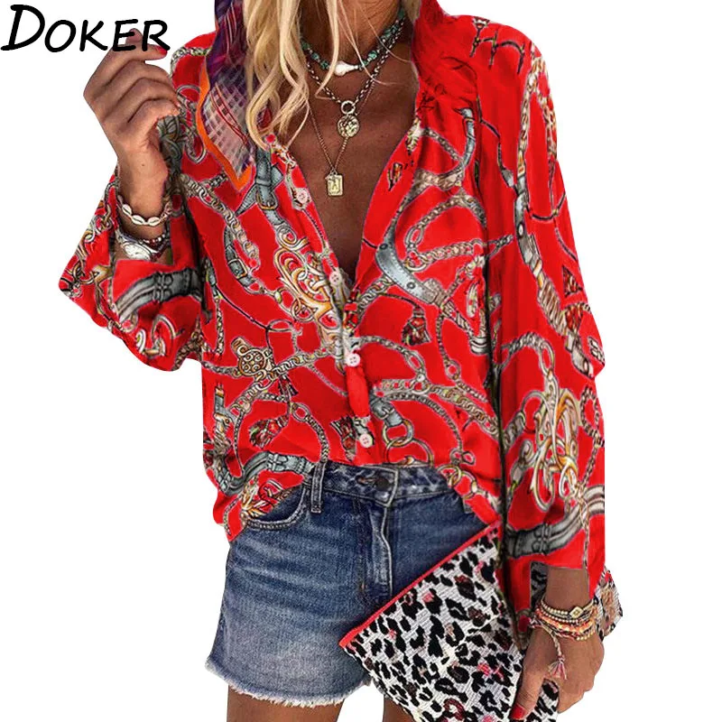 Blusa holgada informal con manga larga y cuello en V, Camisa de corte holgado con estampado de cadenas para mujer, talla grande, 2020