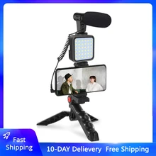 Soporte de trípode para Vlogging, Kit de vídeo para teléfono inteligente, fotografía, micrófono, LED, mango de grabación de luz, soporte estabilizador