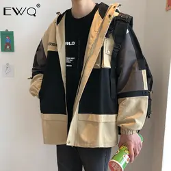 EWQ/лоскутное пальто с капюшоном и длинным рукавом-фонариком, на молнии, с карманами, с заклепками, мужское Свободное пальто 2019, осенняя