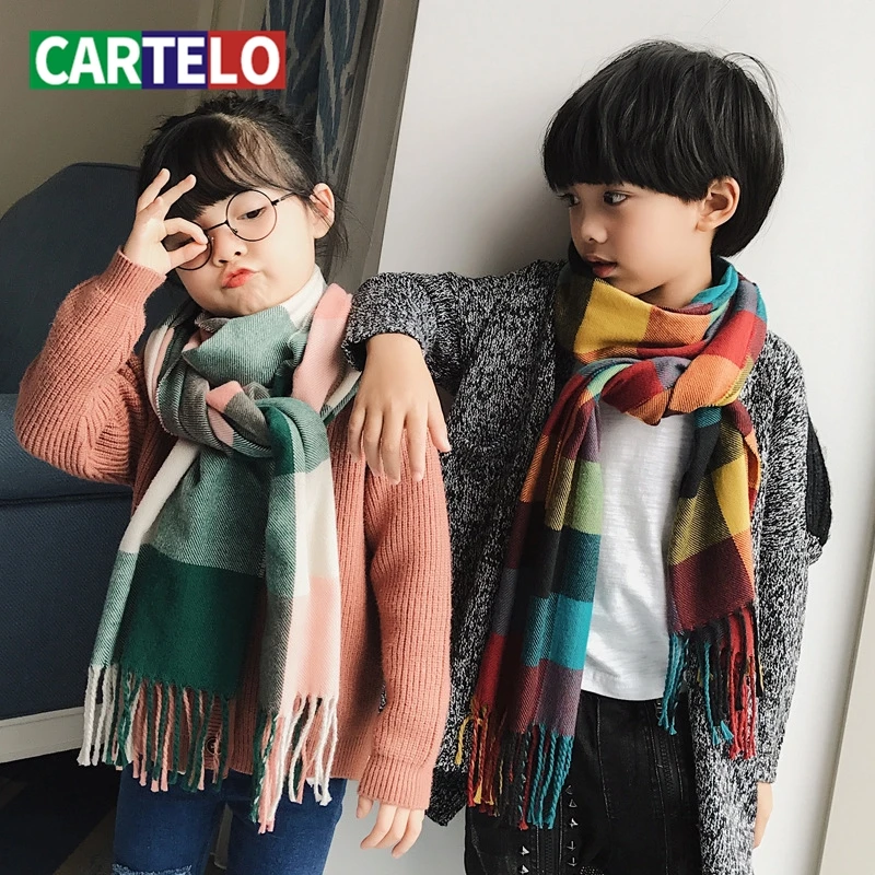 

CARTELO autumn and winter new children's scarf imitation cashmere children's plaid scarf fashion plaid matching fringed scarf