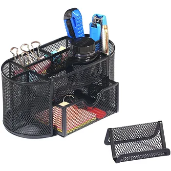 

Metal Office Desk Organizer Caddy with Drawer Pen Holder, Pencil Holder Desktop Organizer with Cards Holder