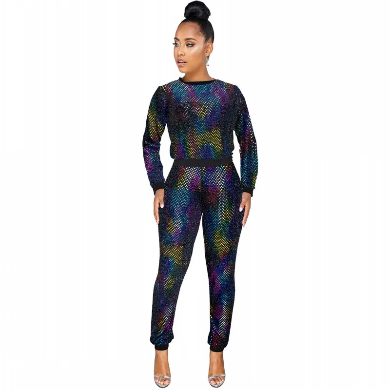 

2 Pieces Set Sexy Autumn Winter Fashion Women Sets 2019 Female Tops Sequined Long Sleeve Tops Elastic Waist Long Pants Two Piece