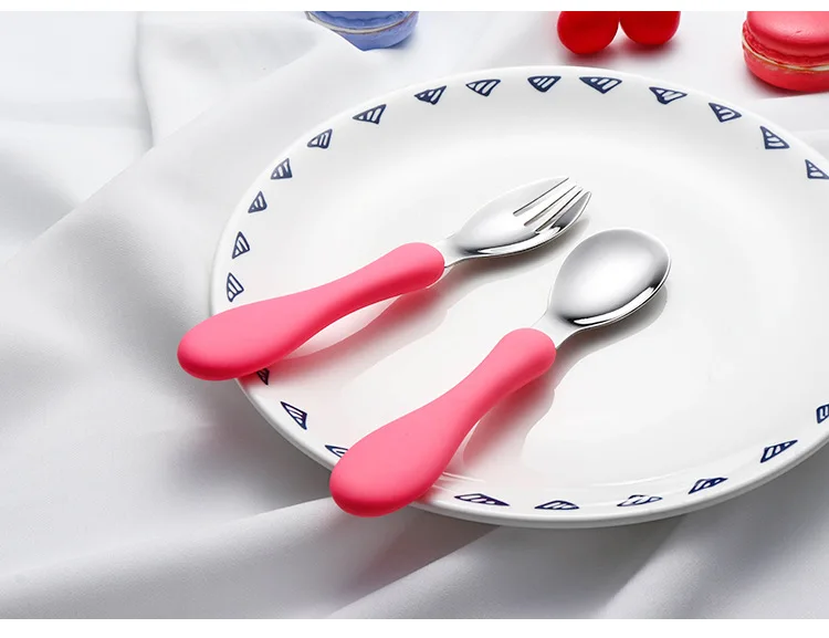 CHILDREN'S Tableware Set 304 Stainless Steel Spoon Fork Portable Cute Faux Silica Gel Handfeel Baby Forks And Spoons Ceremony