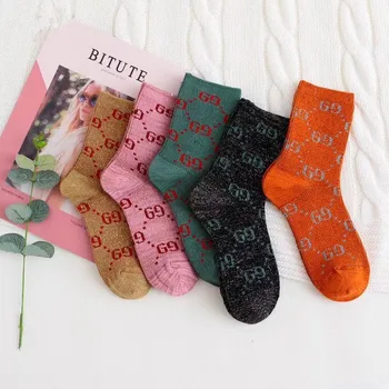 

Five Pairs Fashion Brand Women's Socks Tube Socks Gold Silver Candy Color Short Socks