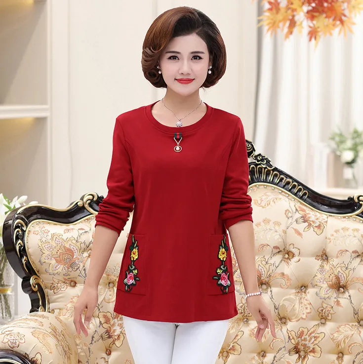 red 1166 warm tops fall winter women thick long sleeves t-shirts velvet jersey plus size middle age mother shirt pulloves bottoming shirt - Цвет: red 1166