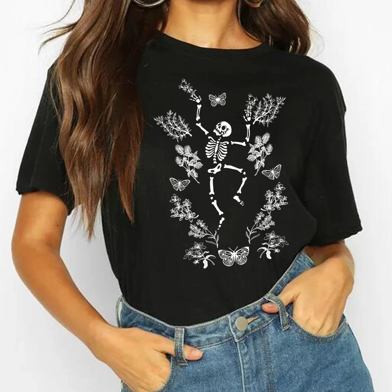 

1PCS Skeleton Flower Women Tops Cute T Shirts Casual Summer Woman Tshirts Fashion Streetwear Clothes