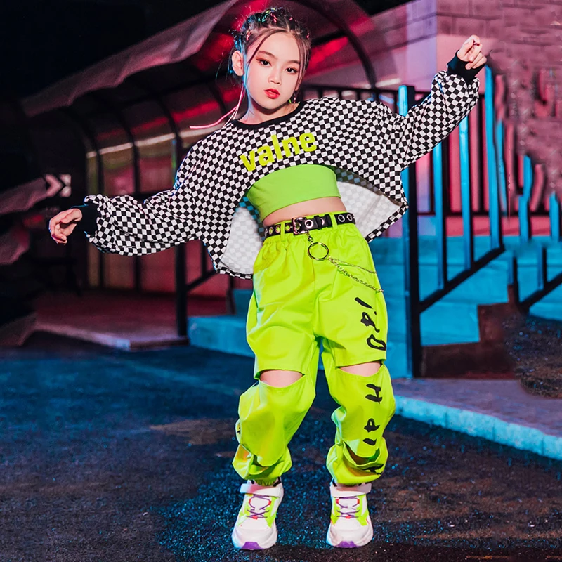 Girls Hip Hop Clothing Jazz Costume Lattice Tops Fluorescent Green Pants Modern Show Outfit Rave Hip Hop Clothes Kids Wear L5299