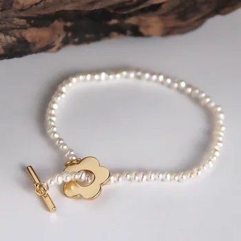 

Cute 100% Authentic 925 Sterling silver champagne Gold Pearl &Daisy Flower Necklace /Bracelet Set Jewelry TLX689