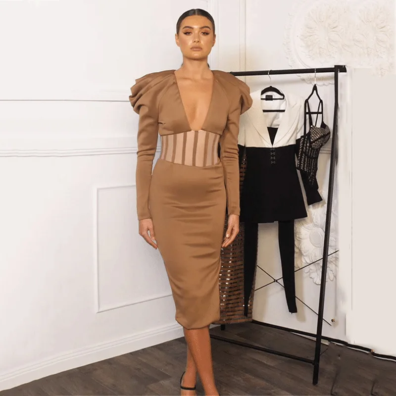 

Zoulv New Deep V Hollow Waist with High Waist Dress Party Intellectual Elegant Sexy Perspective Split Shoulder Temperament Dress