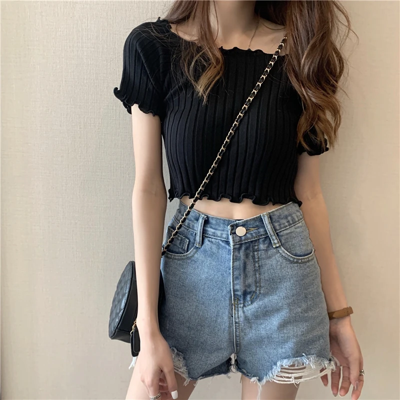 HELIAR Women Off Shoulder T-shirts Knitting Crop Tops Women Short Sleeve Cute Ruffles Hem T-shirts For Women 2021 Summer