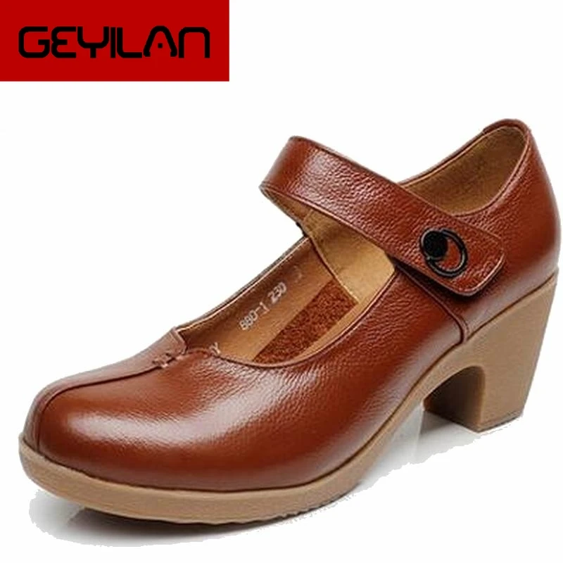 

Spring Autumn Shoes Woman 100% Genuine Leather Women Pumps Lady Leather Round Toe Platform Shallow Mouth Shoes Size 32-42 HY1425