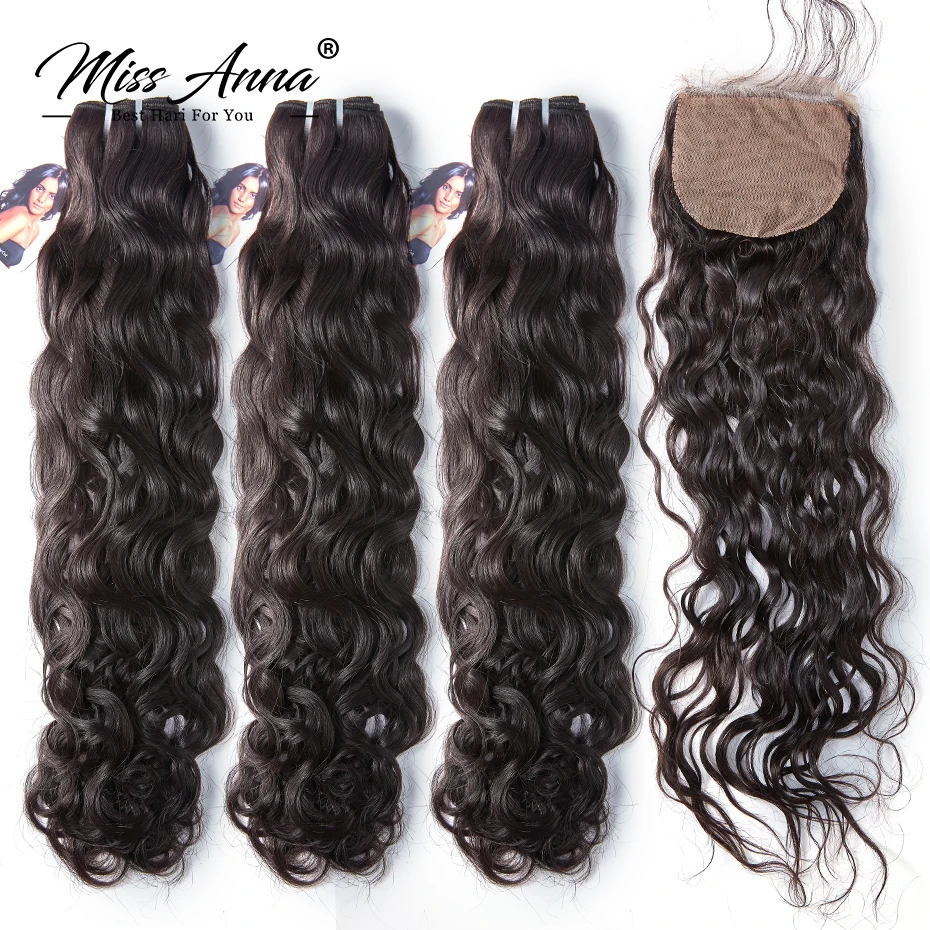 [MissAnna] OneCut шелковая основа индийские натуральные волнистые волосы плетение 3 пучка с закрытием Remy человеческие волосы пучки с закрытием