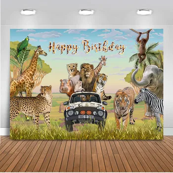 

Happy Birthday safari jungle theme birthday party backdrop for photography tager lion giraffe background for photo booth studio