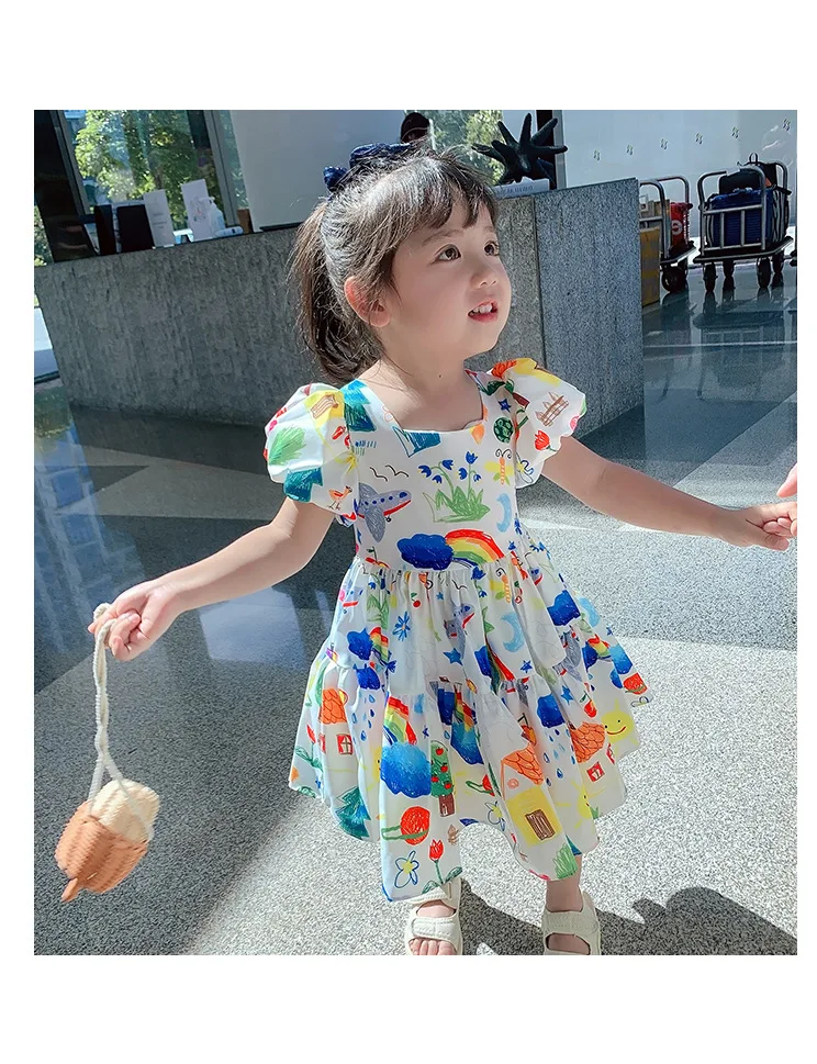 Summer Girls' Dress 2022 New Puff Sleeve Casual Cartoon Party Princess Dress Cute Children's Wear Baby Kids Girls Clothing baby girl skirt apparel