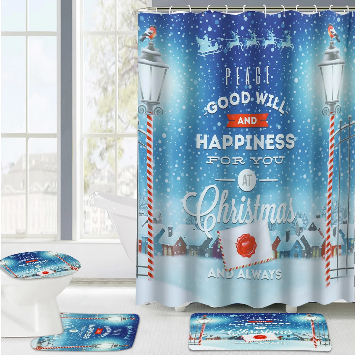 Merry Christmas Ванна занавеска для душа Рождество Санта Клаус коврик для ванной крышка для унитаза мультфильм комплект коврик для туалета водонепроницаемый Противоскользящий