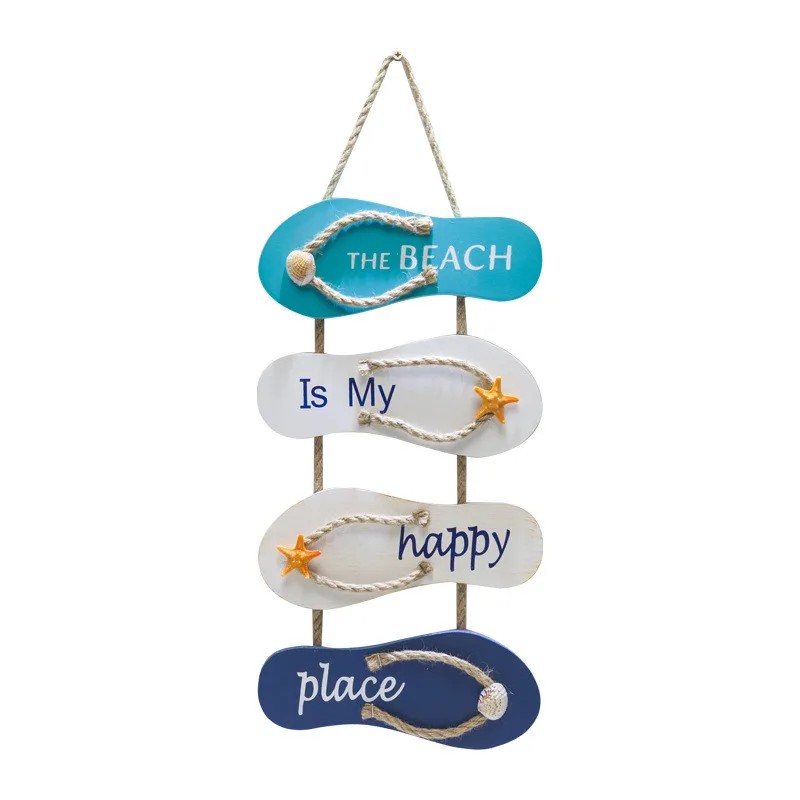 

1PC Mediterranean Retro Distressed Quadruple Slippers Listed "Beach is my happy place" Wall-Mounted Home Pendant Wall Hangings