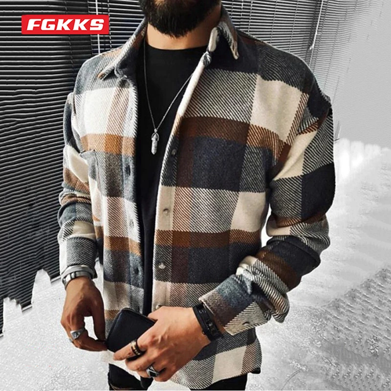Мужская Повседневная рубашка FGKKS винтажная клетчатая с длинными рукавами и