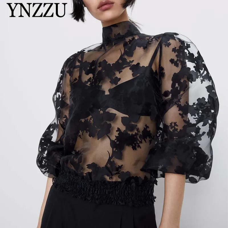 

Black Women Print Blouse Sexy 2020 Spring High neck Bow tie Female tops Elegant Loose Lantern sleeve Tops Summer YNZZU YT785