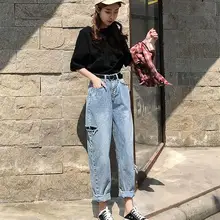 Женские джинсы с высокой талией и дырками, женские повседневные Ретро рваные джинсы-шаровары, свободные широкие штаны на пуговицах