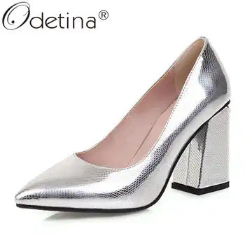 

Odetina Women Fashion Patent Leather Block High Heel Casual Pumps Female Concise Office Lady Pointed Toe Pull On New Dress Pumps