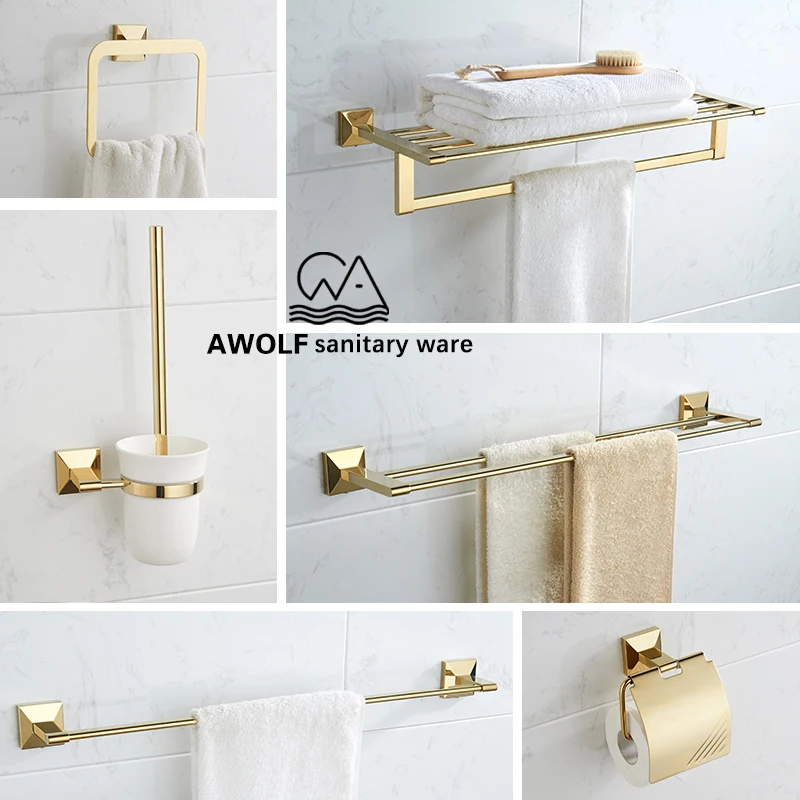 

Solid Brass Bathroom Accessories Shiny Light Gold Toilet Brush Towel Bar Paper Holder Coat Hooks Soap Dish Golden AZ5153