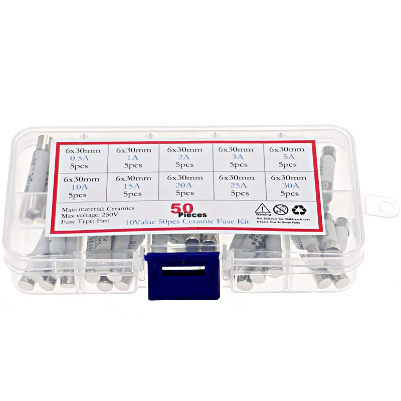 Ceramic Fuse 50pcs 5pcs Each Value 6mm x 30mm 250V Fast Blow Ceramic Fuse Assortment Kit 0.5A 1A 2A 3A 5A 10A 15A 20A 25A 30A