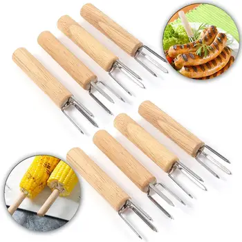

8PCS Corn Holder bbq Accessories Stainless Steel Forks With Oak Handle Anti-scalding Corn Skewers For Kids Camping Supplies D20