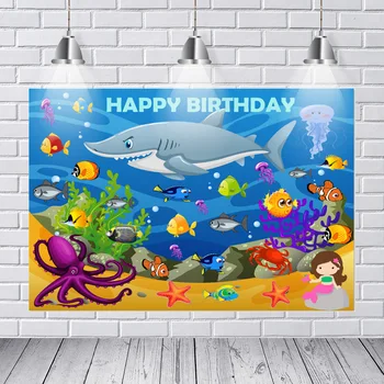 

Background Photography Happy Birthday Under Blue Sea Party Mermaid Baby Color Fish DIY Custom Photo Backdrop Background Vinyl