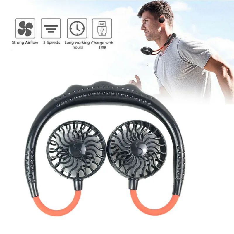 

Mini Neck Fan USB Portable Dual-Head Fan Neckband Rechargeable Small Desk Fans Handheld Air Cooler Hanging Sport Fan