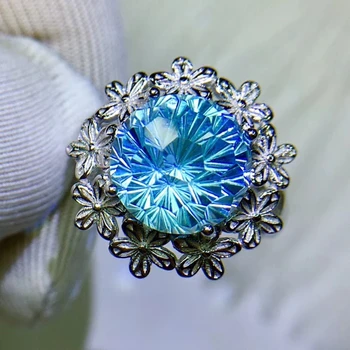 

100% Natural Blue Topaz Gemstone Women Men Faceted Adjustable Ring Round Clear Bead 10x10mm Birthyday Gift Healing Stone AAAAA