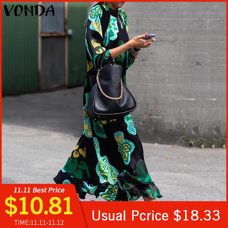 Prix 2019 VONDA robe d été femmes longue robe Maxi Vintage imprimé à manches longues plage ample robe d été grande taille Vestidos décontracté