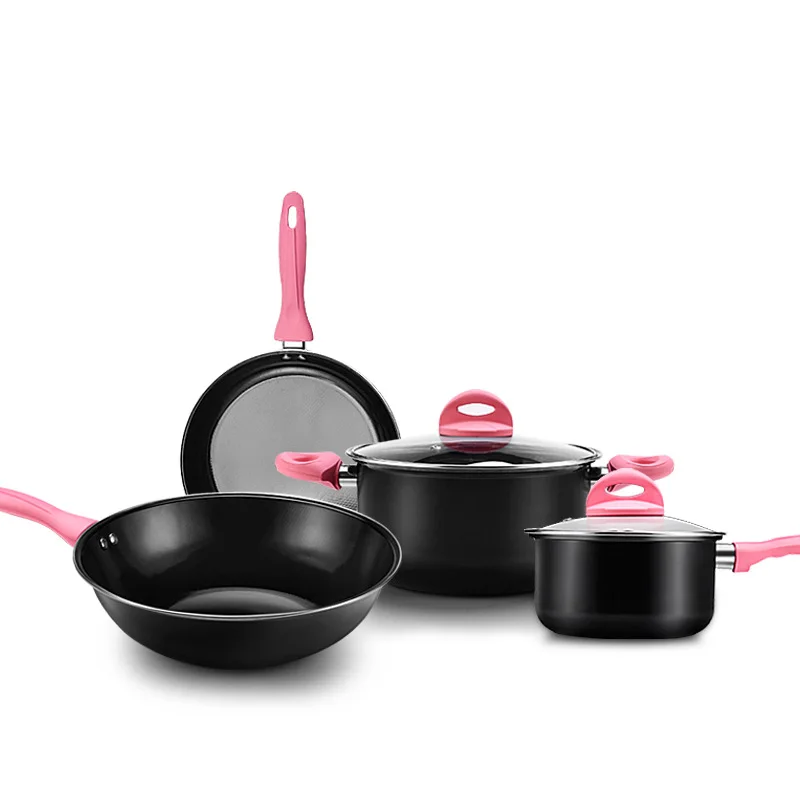 

4pcs Enamel technology cookware set frying pan durable and never rusty cooking pots kitchen pots and pans set silicone handle